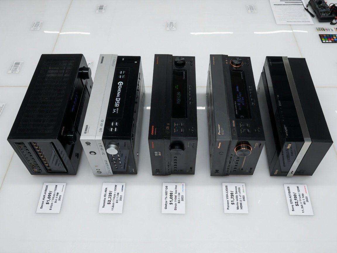 Five 5.1-channel home theater receivers side by side on a test bench for 2026 comparison review