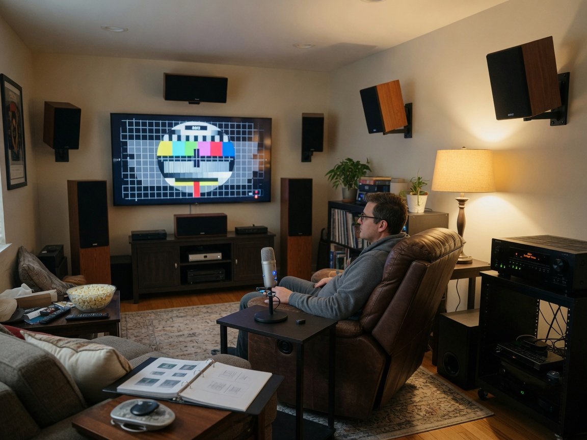 Home theater owner running room correction calibration with microphone on AV receiver in living room setup