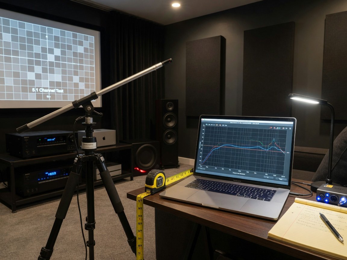 Home theater audio measurement setup with calibration microphone on stand and laptop showing frequency response curve