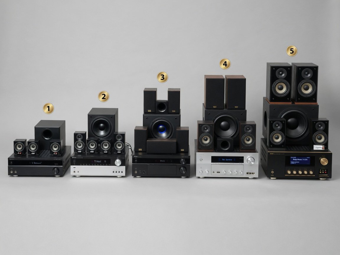 Five home theater speaker systems comparison arranged side by side at different price tiers for 2026 ranking