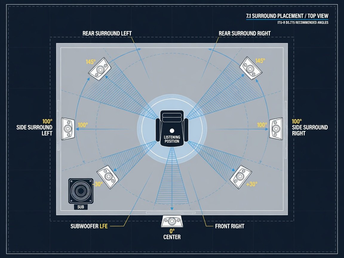 7.1 surround sound speaker placement diagram showing angular positions of all seven channels and subwoofer