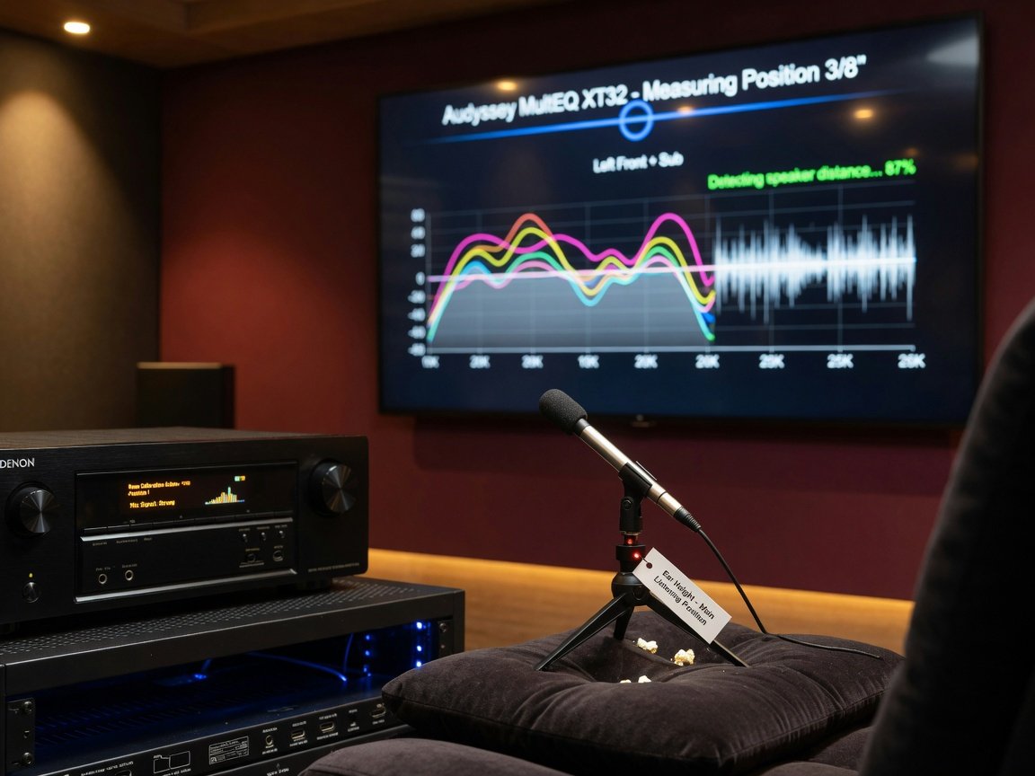 AV receiver setup and room correction calibration microphone for 7.1 surround sound system configuration