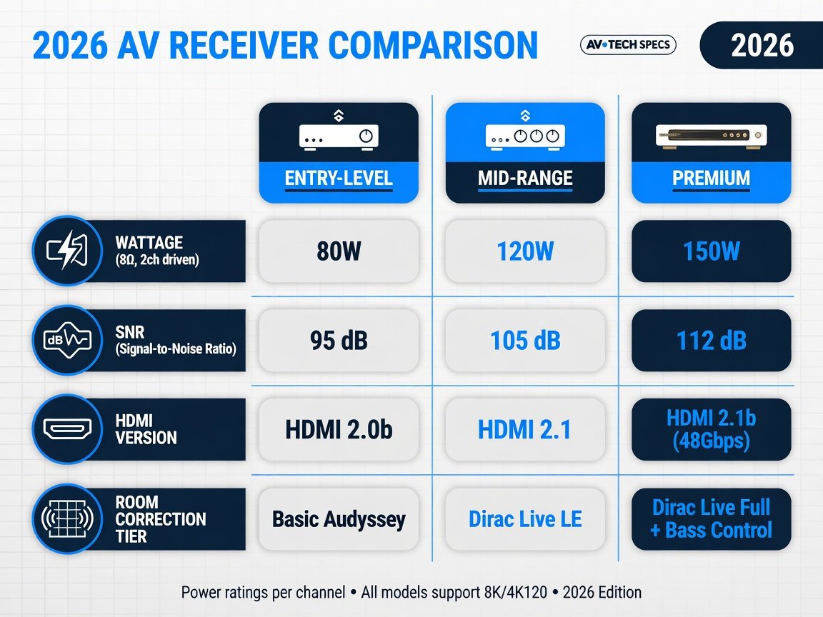 AV receiver specification comparison chart showing power output, SNR, HDMI version, and room correction tiers for 2026
