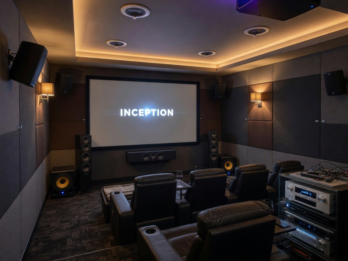 Home theater room with 7.2.4 Dolby Atmos speaker layout showing ceiling-mounted height speakers and AV receiver rack