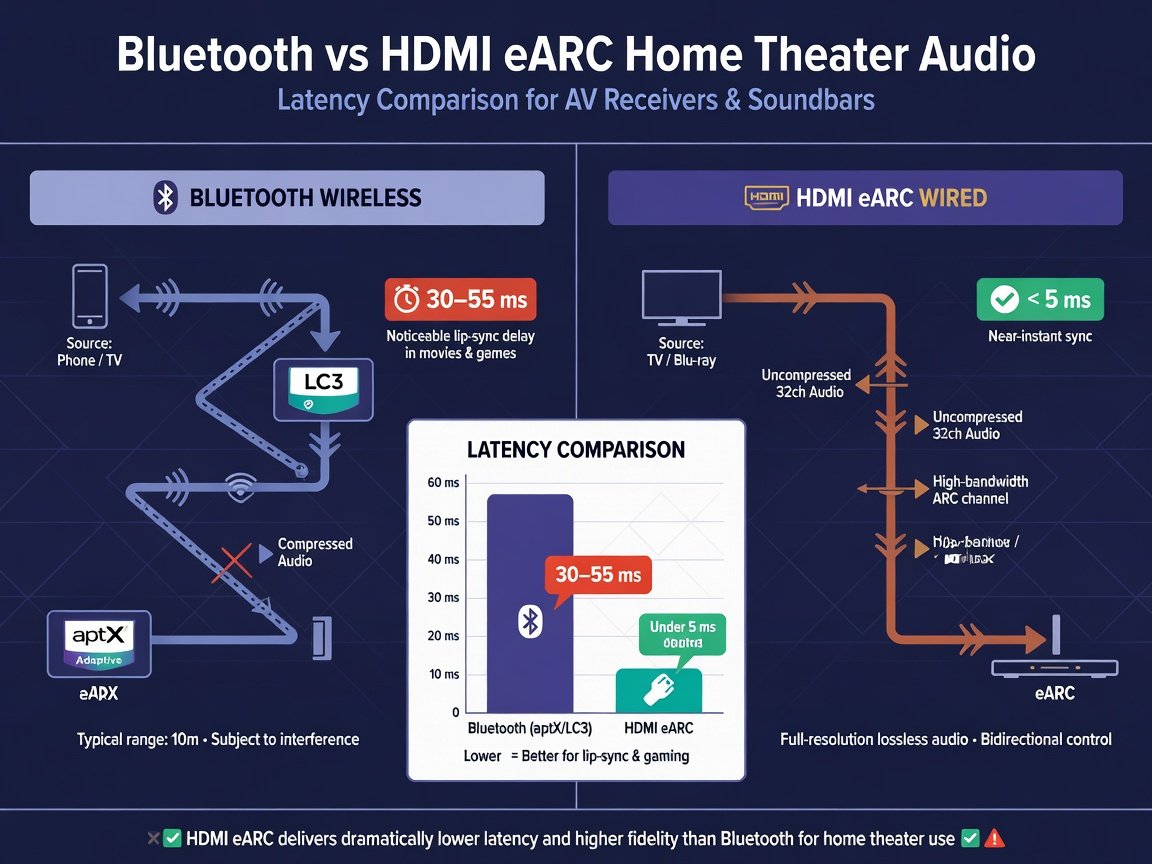 Bluetooth versus wired home theater audio comparison diagram — latency and codec performance 2026