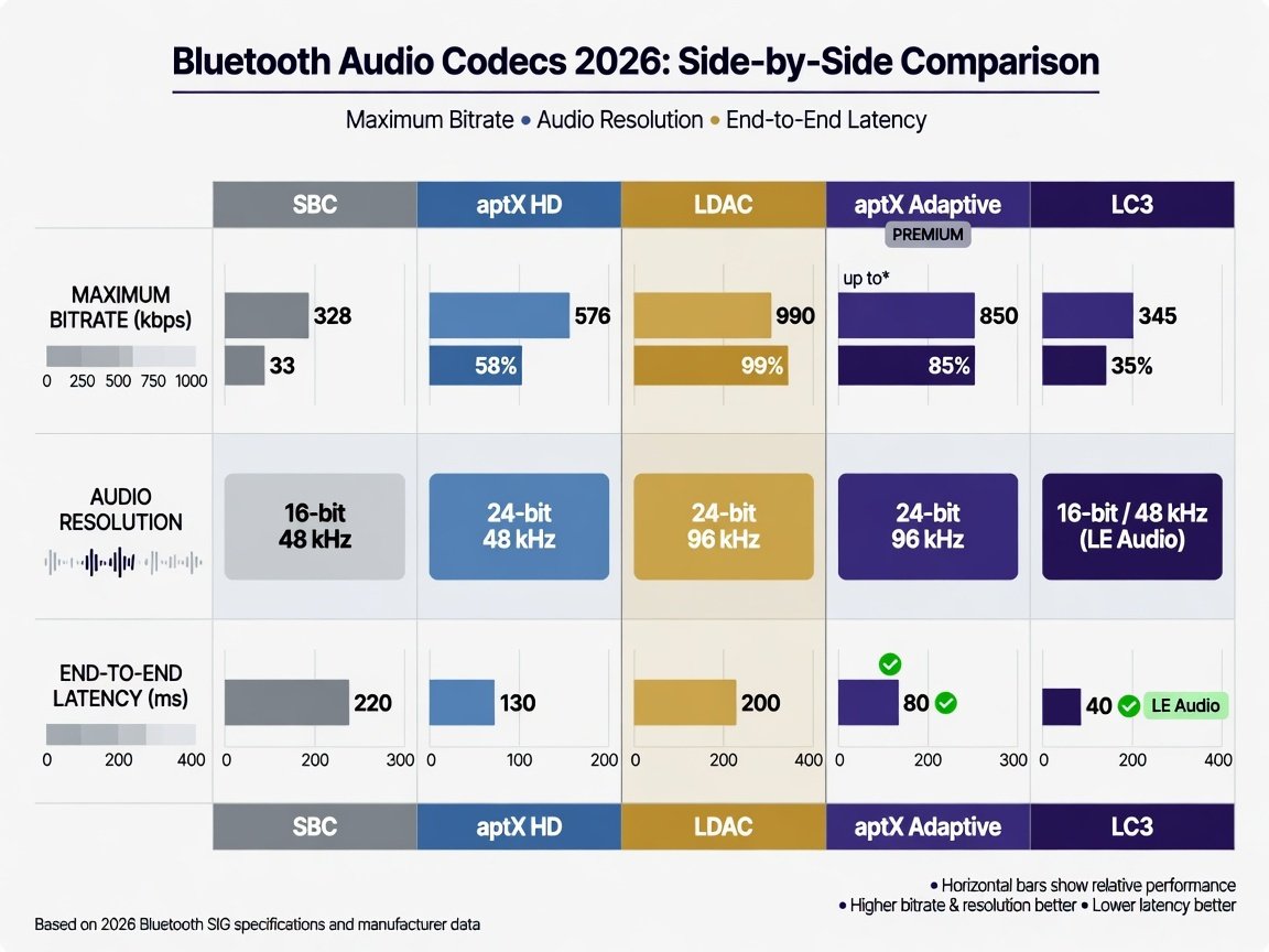 Bluetooth audio codec comparison chart 2026 — SBC vs aptX Adaptive vs LDAC vs LC3 bitrate and latency
