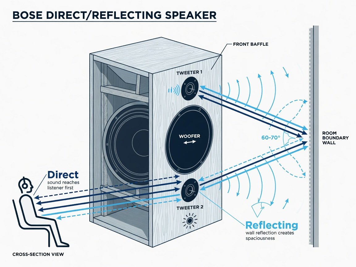 Technical diagram of Bose Direct/Reflecting speaker architecture showing on-axis and outward-angled tweeter acoustic pathways
