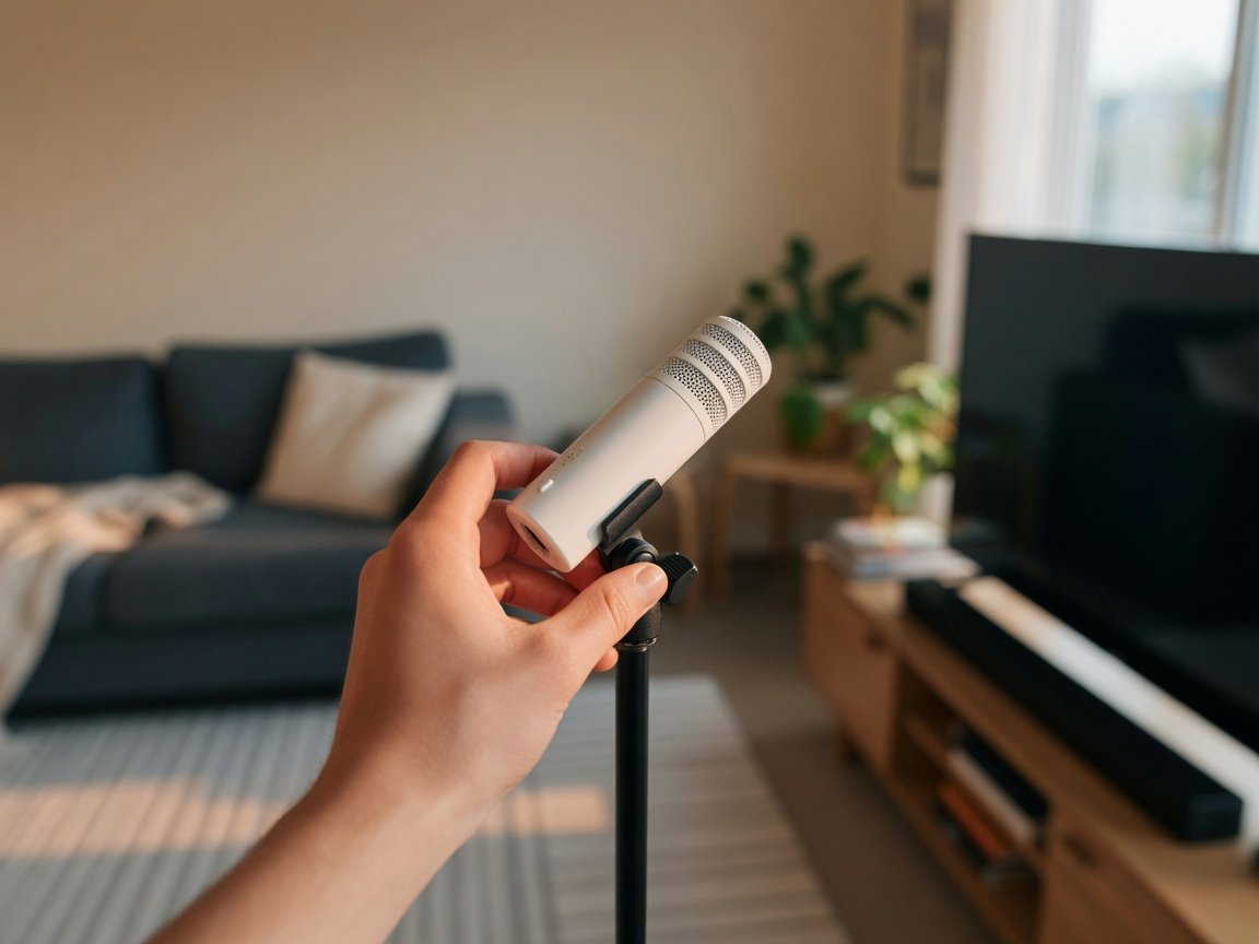 Bose home theater system setup process — ADAPTiQ microphone room calibration in living room