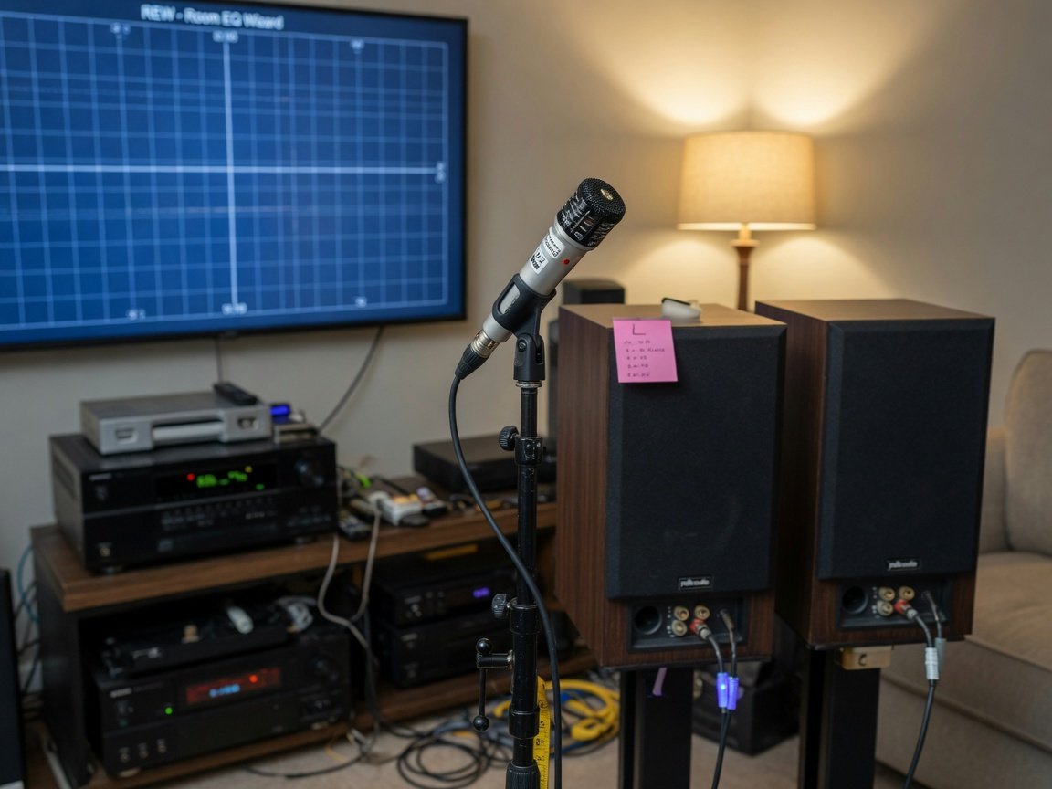 Home theater acoustic measurement setup with calibration microphone on stand in front of speaker system