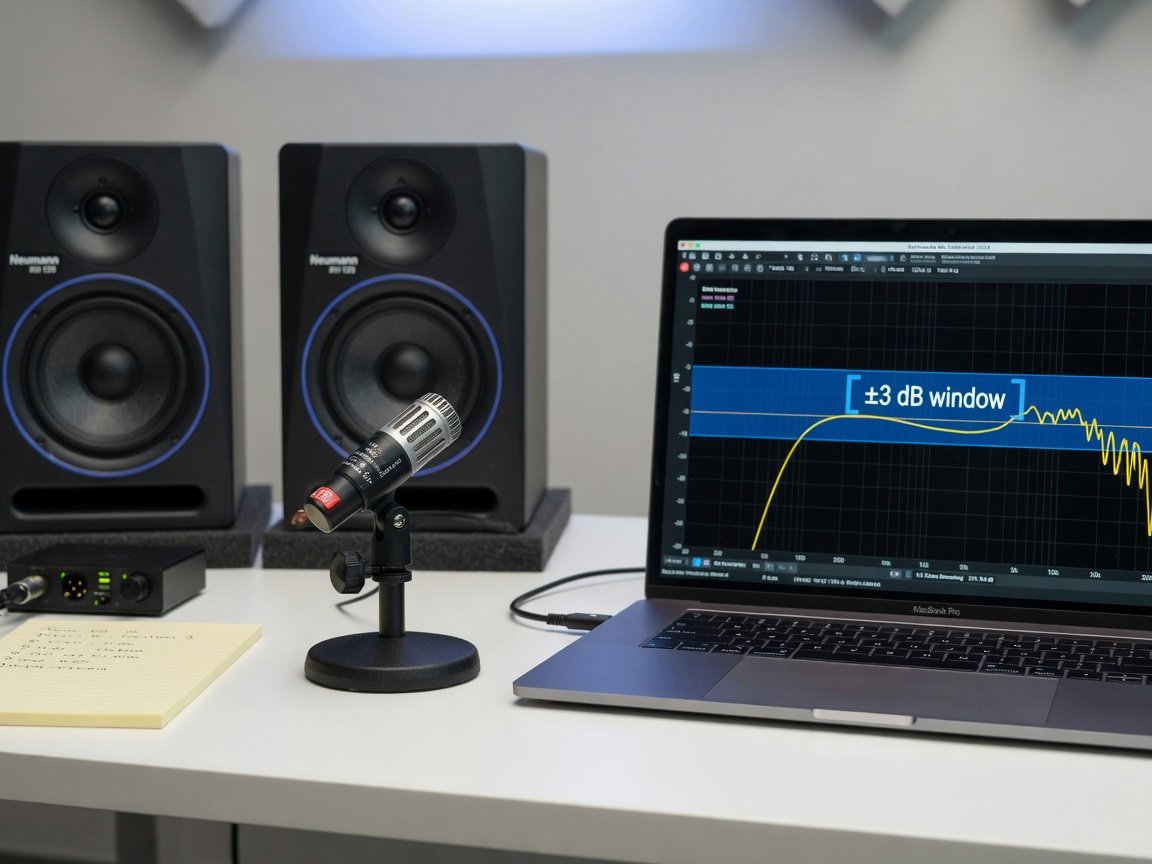 Desktop speaker frequency response measurement setup with calibrated microphone at near-field listening position 2026
