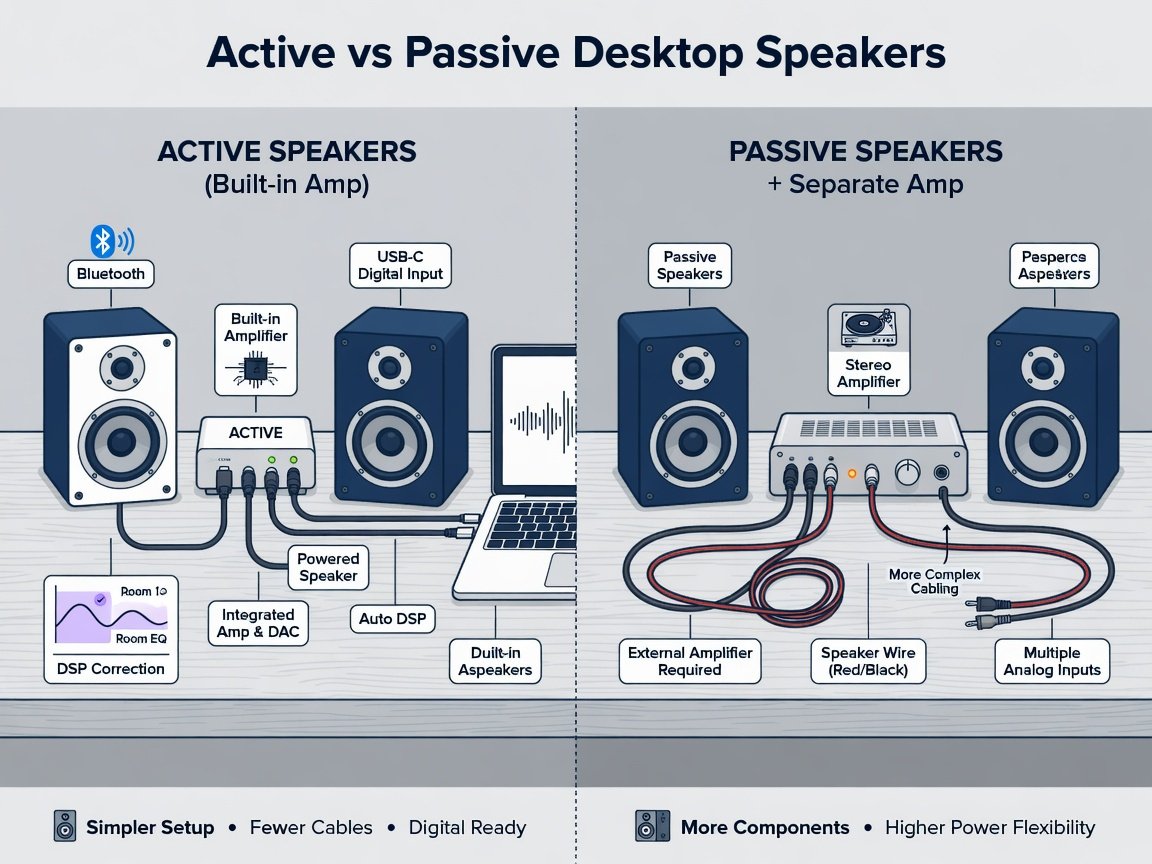 Active versus passive desktop speaker setup comparison showing amplifier and connectivity differences for home theater 2026