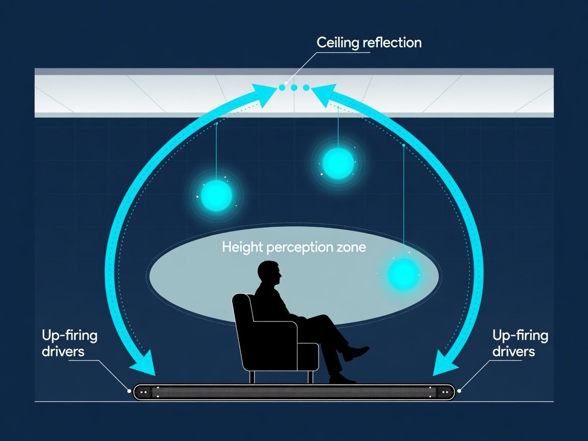 Dolby Atmos ceiling bounce diagram showing how up-firing soundbar drivers reflect sound off the ceiling to create height channel audio