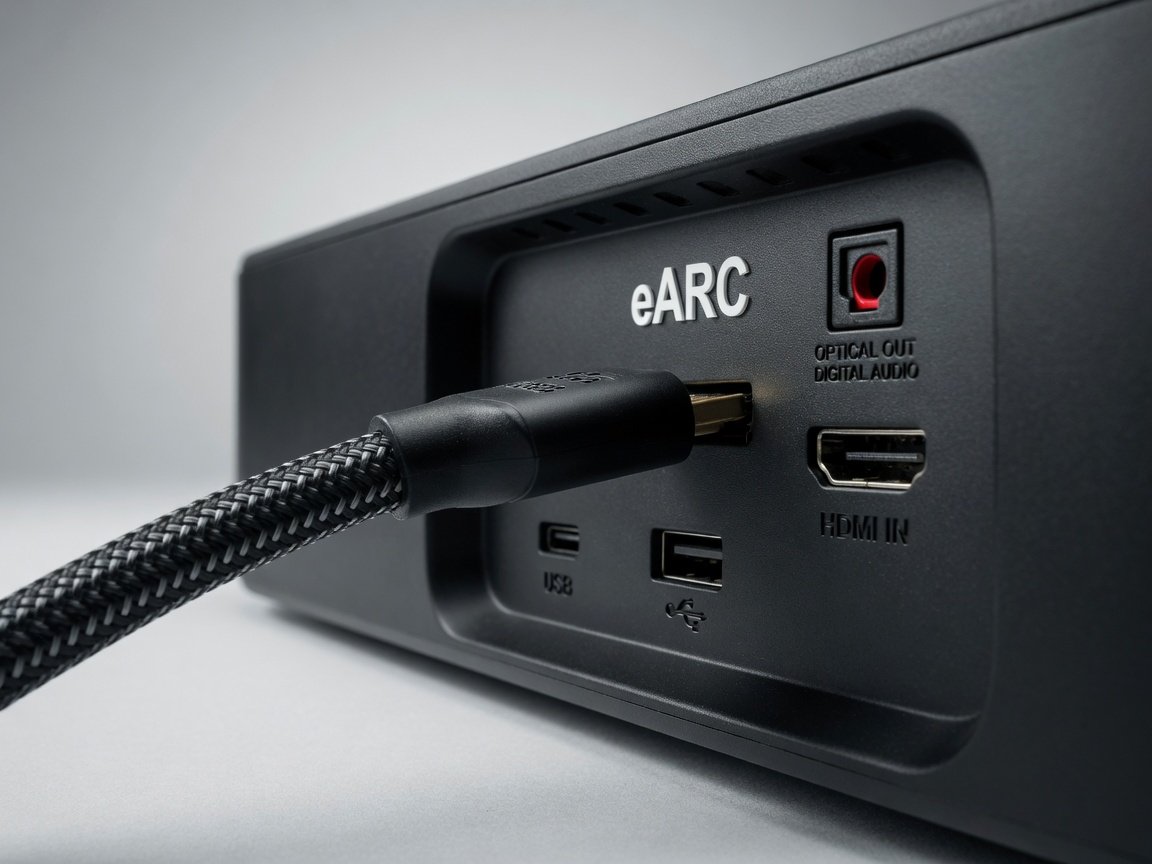 HDMI eARC soundbar connection close-up showing the eARC port and cable required for lossless Dolby Atmos TrueHD decoding