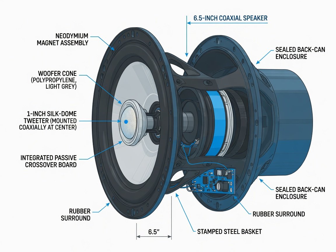 Coaxial door speaker driver cross-section showing woofer cone, silk dome tweeter and back-can enclosure