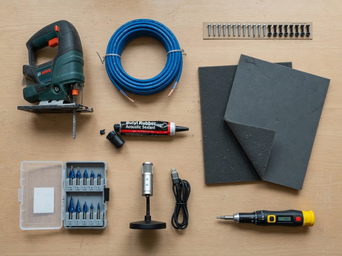 Home theater door speaker installation tools laid out including jigsaw, acoustic foam, butyl sealant and OFC cable