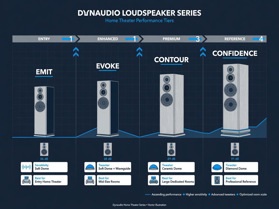 Dynaudio speaker comparison chart showing Emit Evoke Contour Confidence series ranked for home theater 2026