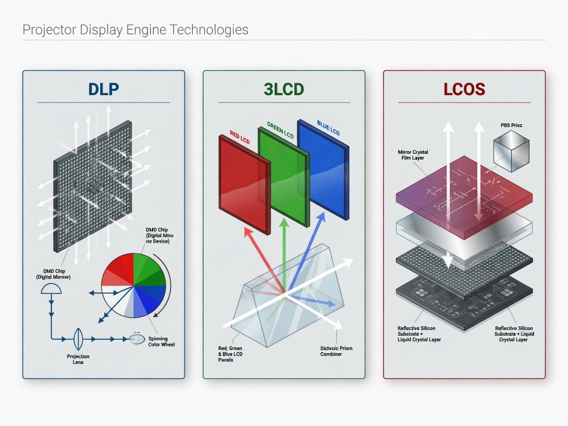 DLP vs 3LCD vs LCOS projector technology comparison diagram for home theater buyers 2026