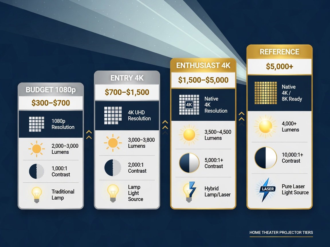 Home theater projector tier comparison infographic 2026 — budget 1080p vs entry 4K vs enthusiast vs reference specs chart