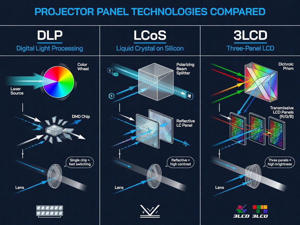 Home theater projector panel technology comparison — DLP vs LCoS vs 3LCD laser illumination diagram for 2026