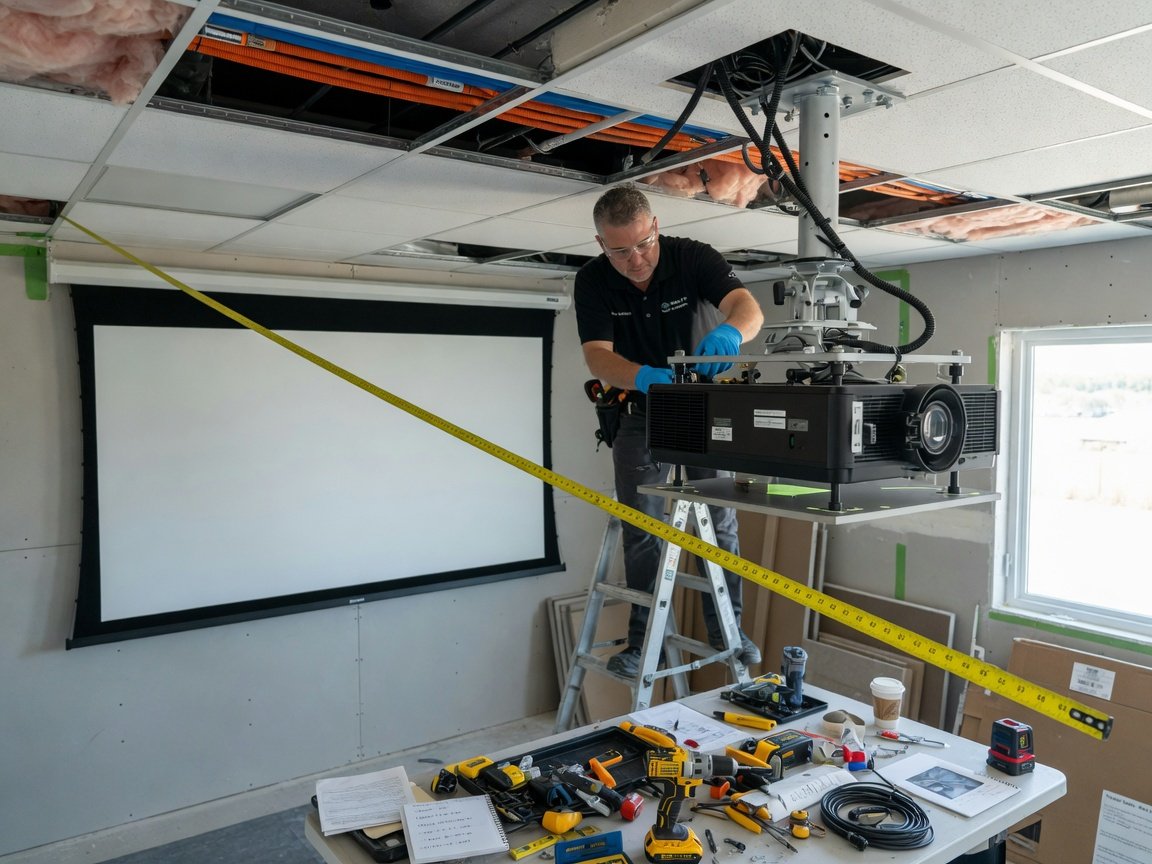 Home theater projector ceiling installation — measuring throw distance to 120-inch screen during professional AV setup