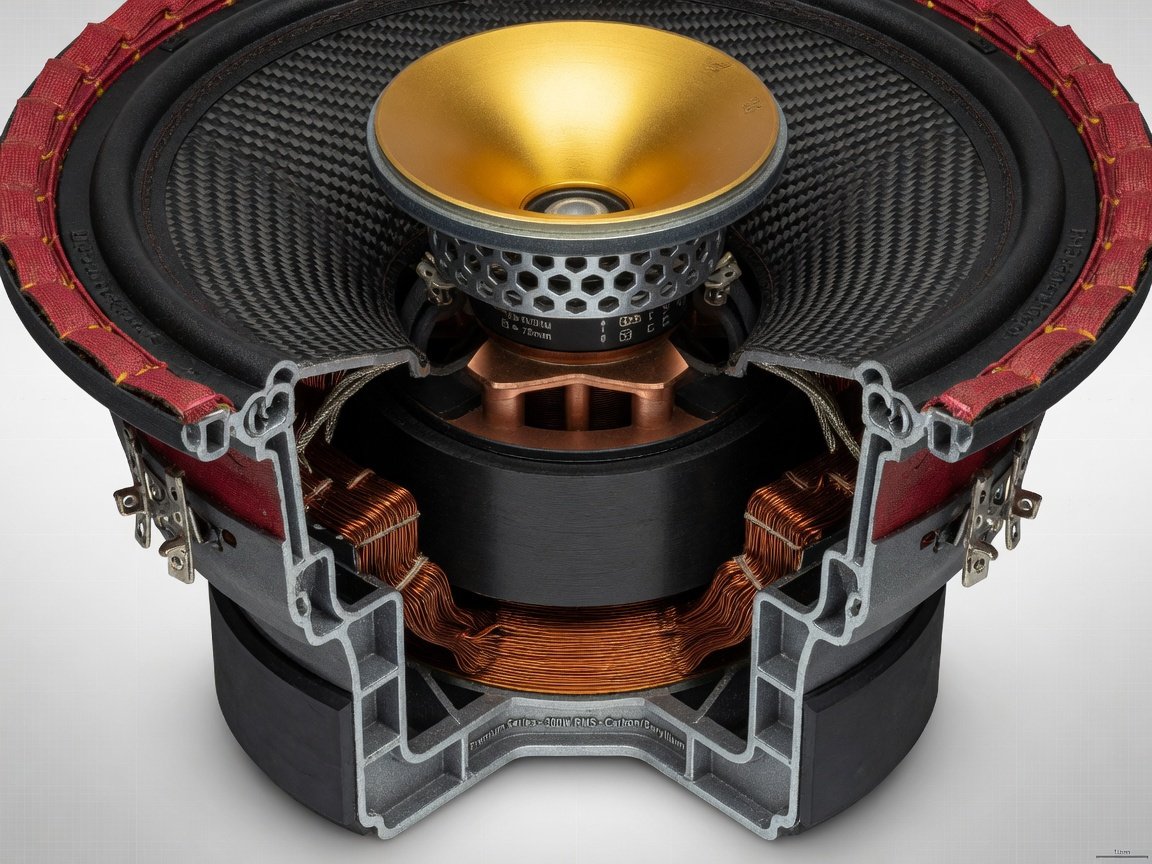Close-up cross-section of a high-end audio speaker driver showing beryllium tweeter and carbon-fibre woofer cone construction