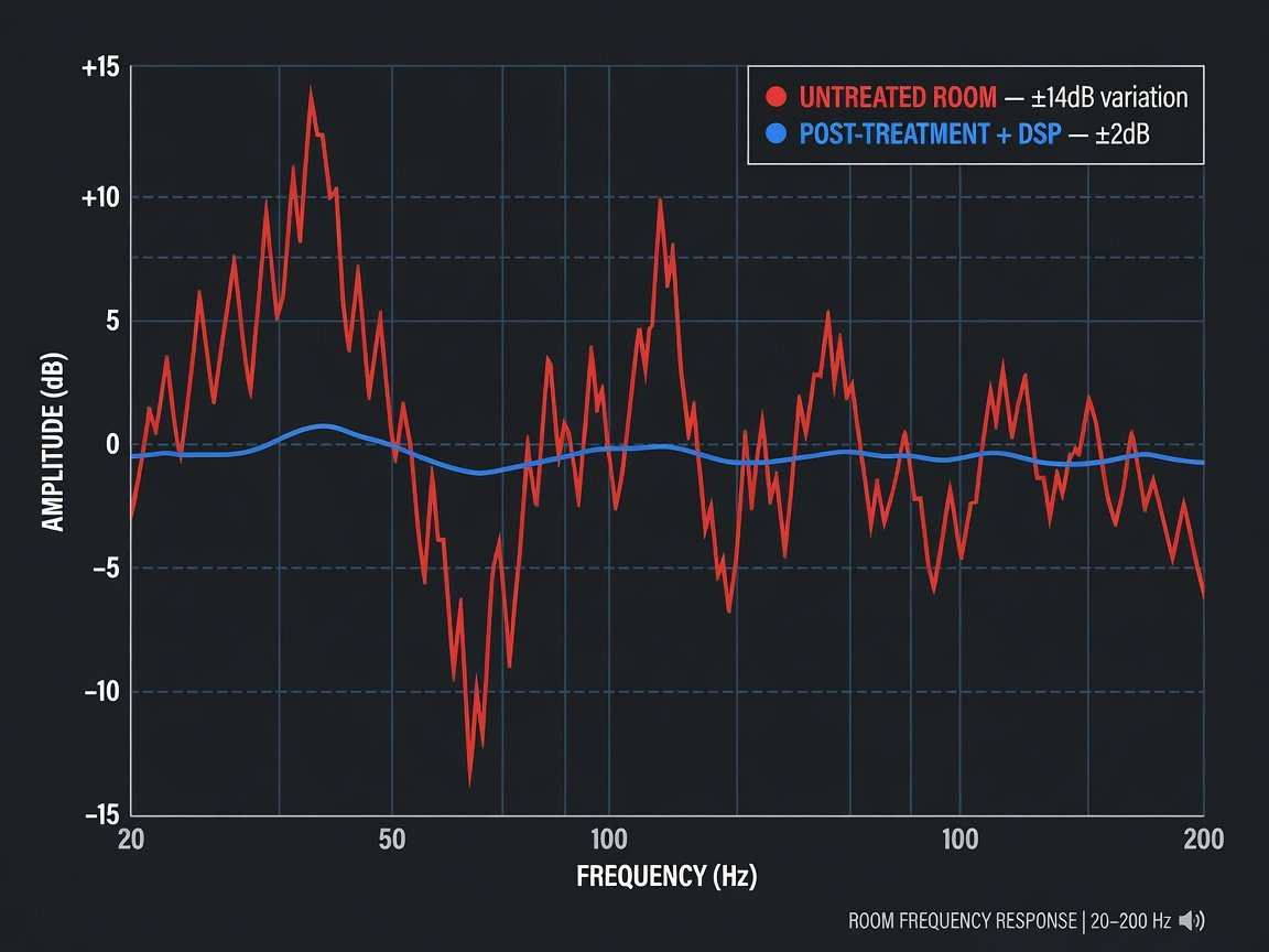 Room acoustic frequency response measurement graph showing before and after DSP correction for high-end audio speakers