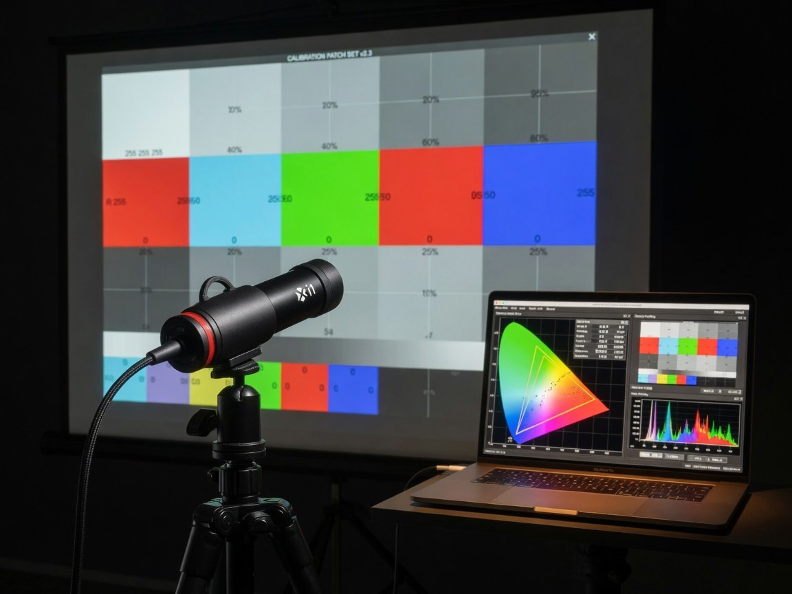 Projector calibration testing setup with colorimeter measuring 4K home theater projector brightness and colour accuracy 2026