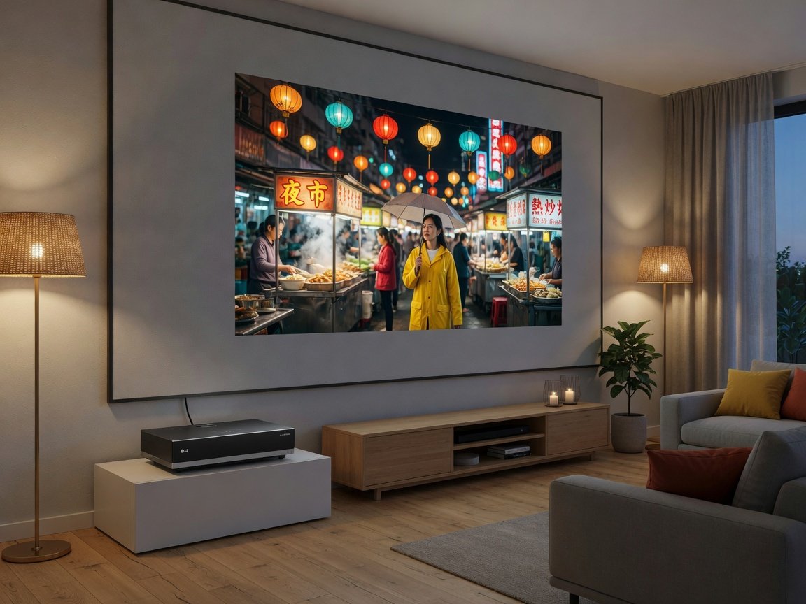 Ultra-short-throw projector placed 15cm from wall projecting 120-inch image in modern living room ambient light setup 2026