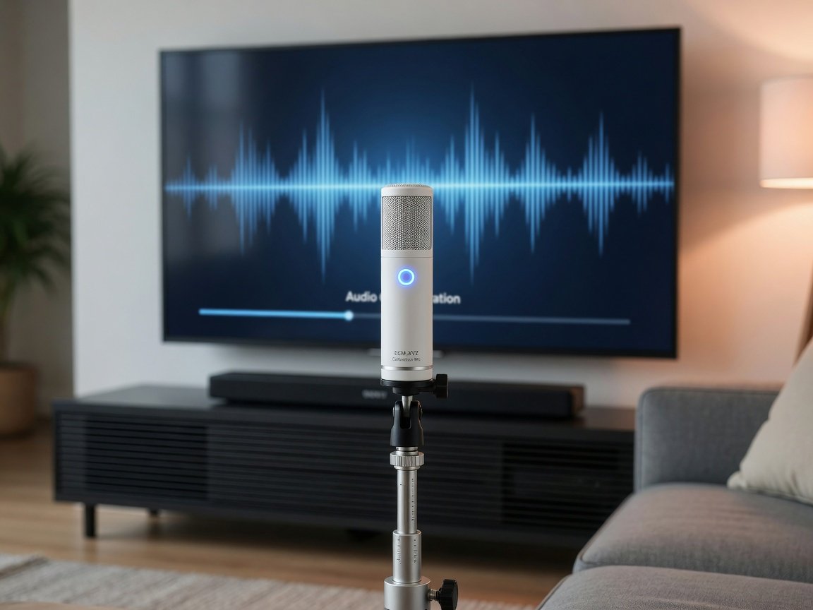 ADAPTiQ microphone measuring Bose home theater room acoustics during calibration 2026