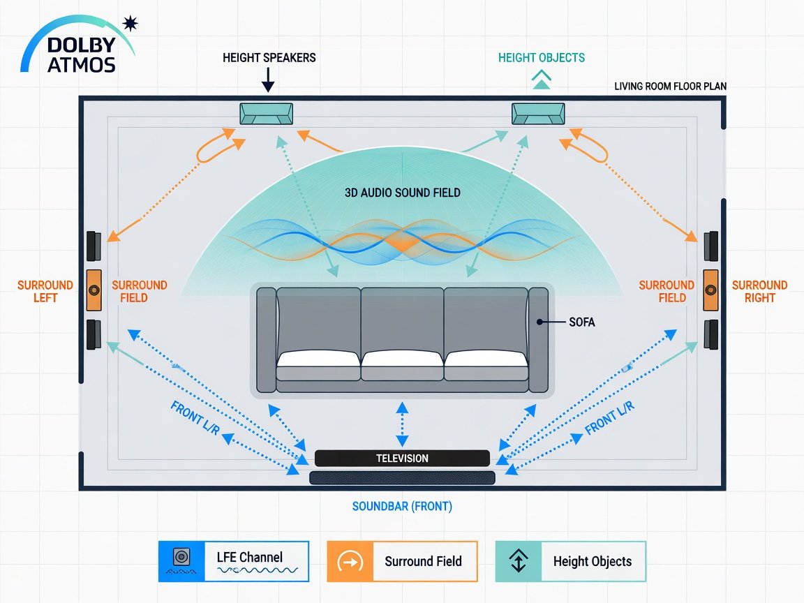 Dolby Atmos spatial audio object placement diagram for Bose home theater soundbar system 2026