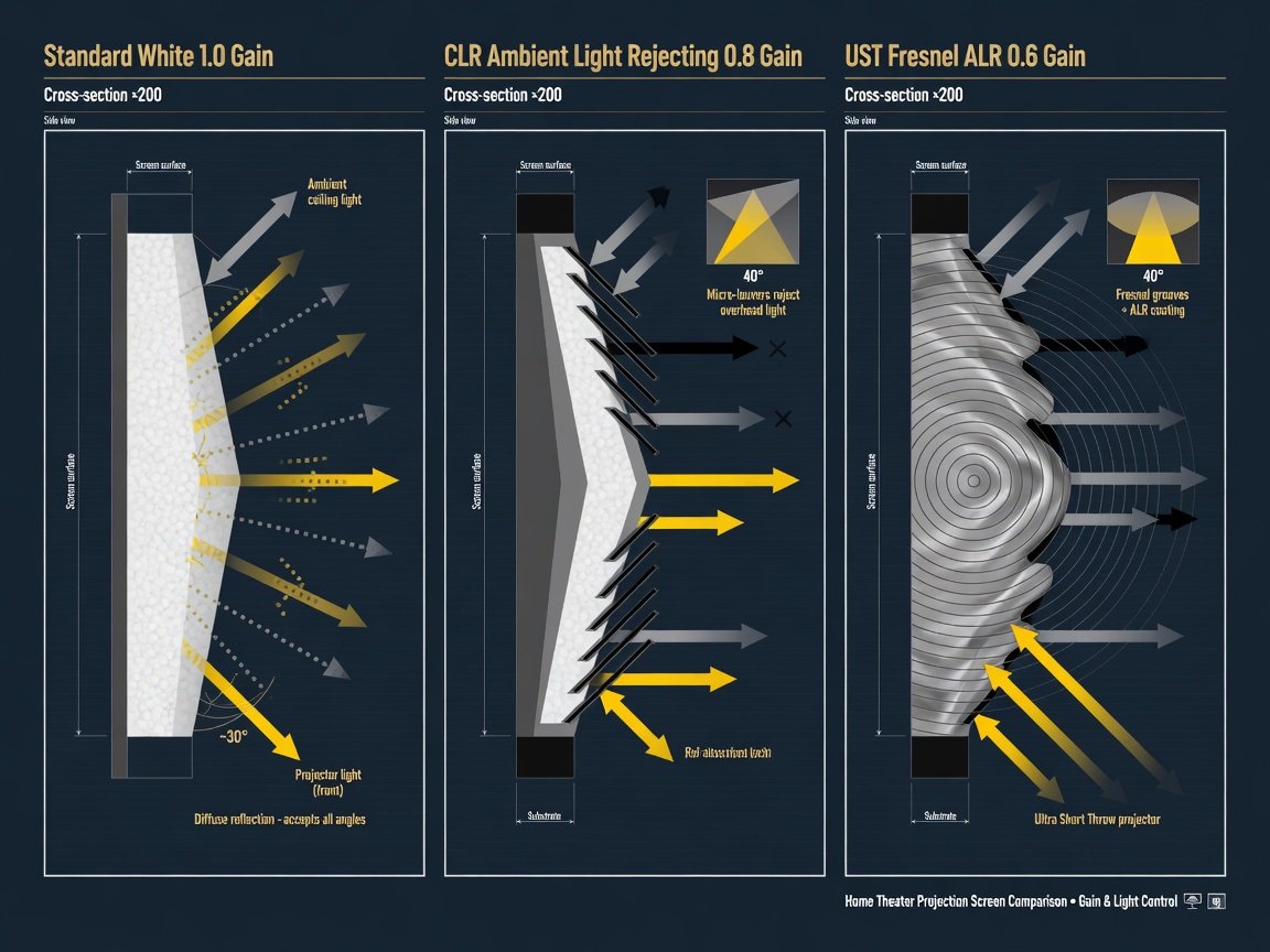 Comparison of home theater screen types — fixed-frame white, ALR grey, and UST Fresnel projection screen materials