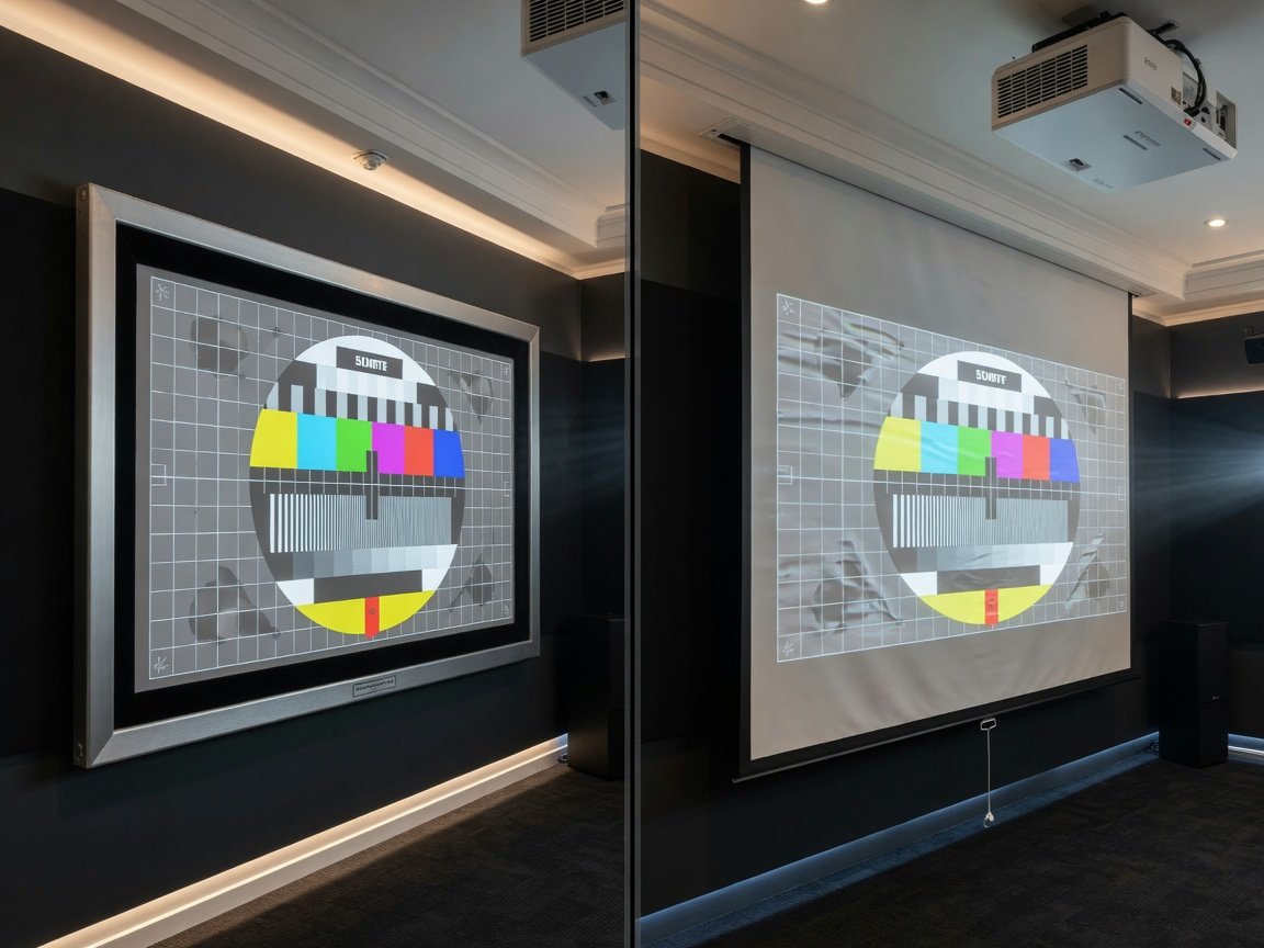 Fixed-frame vs motorized home theater screen installation — side-by-side technical comparison diagram