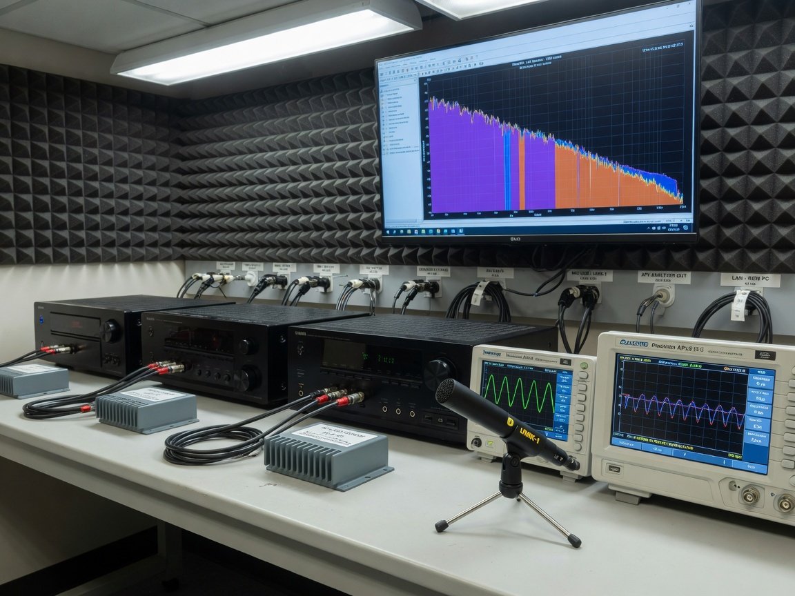 AV receiver audio testing setup with measurement microphone, analyser, and multiple receivers on a laboratory bench