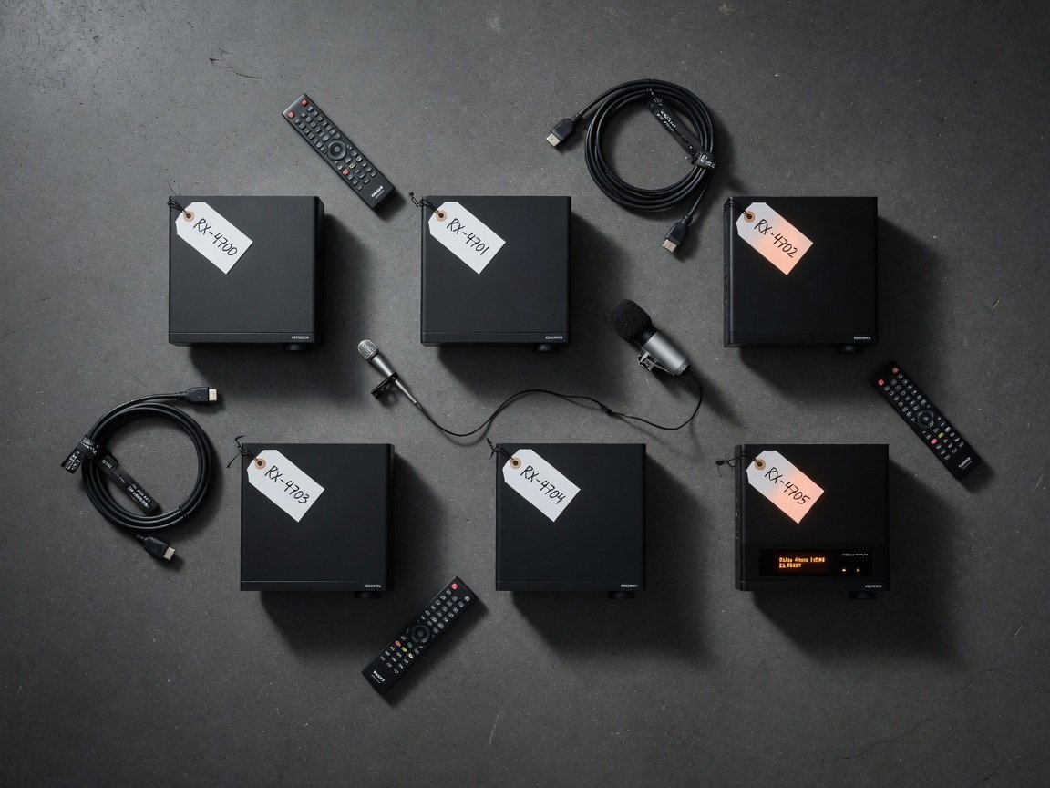 Home theater receiver comparison flat lay — six 2026 AV receivers on a dark surface with remote controls and cables