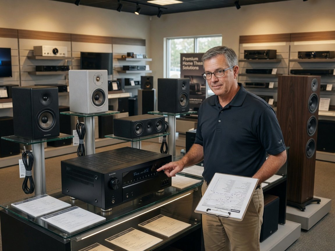 Home theater retailer evaluation criteria 2026 — AV specialist comparing receivers and speakers in a showroom