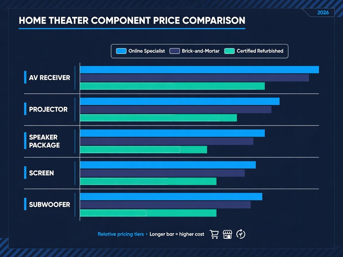 Home theater retailer price comparison chart 2026 — component costs across Crutchfield, B&H, and Best Buy Magnolia