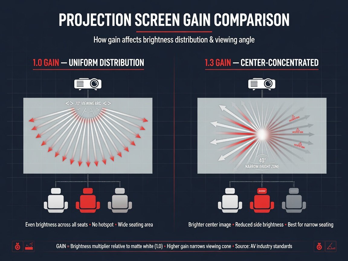 Home theater screen gain comparison diagram showing light distribution for 1.0 gain vs 1.3 gain projection screens