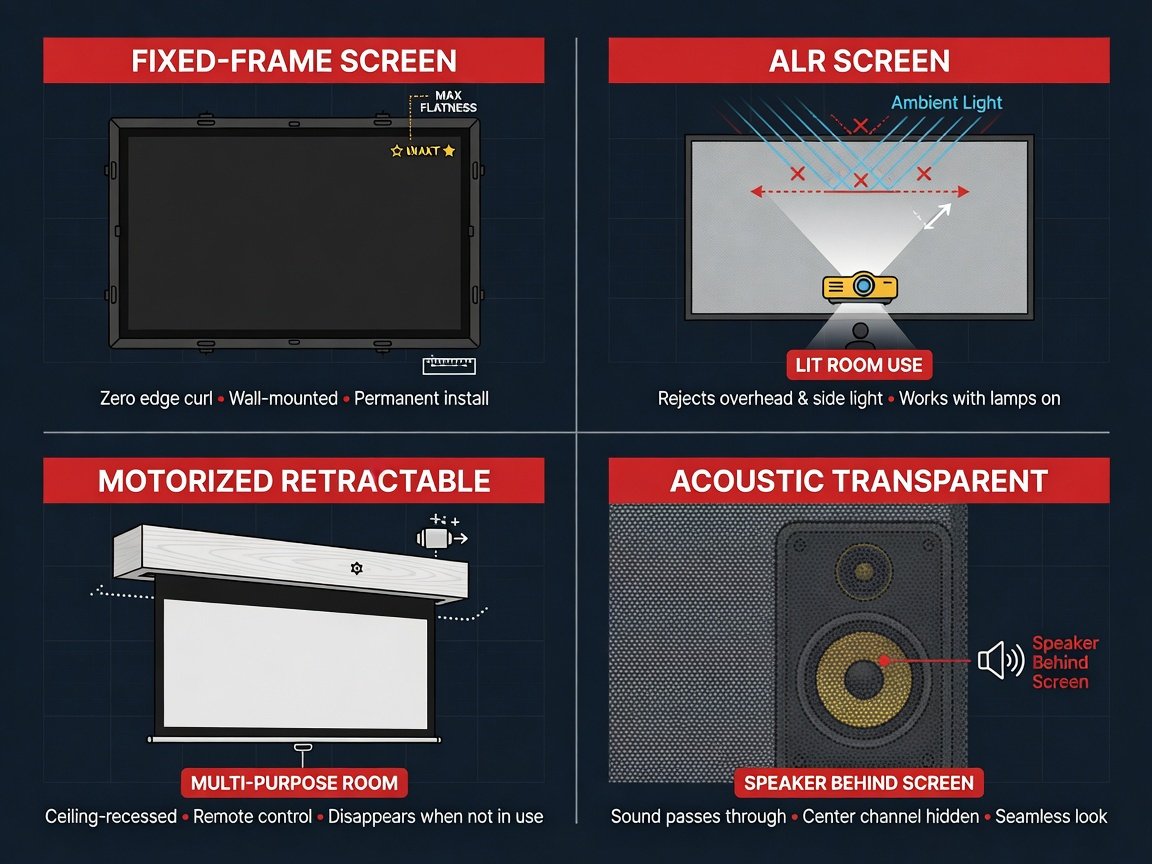 Home theater screen types comparison 2026 — fixed-frame, ALR, motorized, and acoustic transparent screen categories