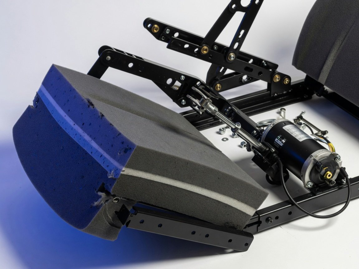 Close-up comparison of home theater seat recline mechanism stroke length and DC motor actuator components 2026