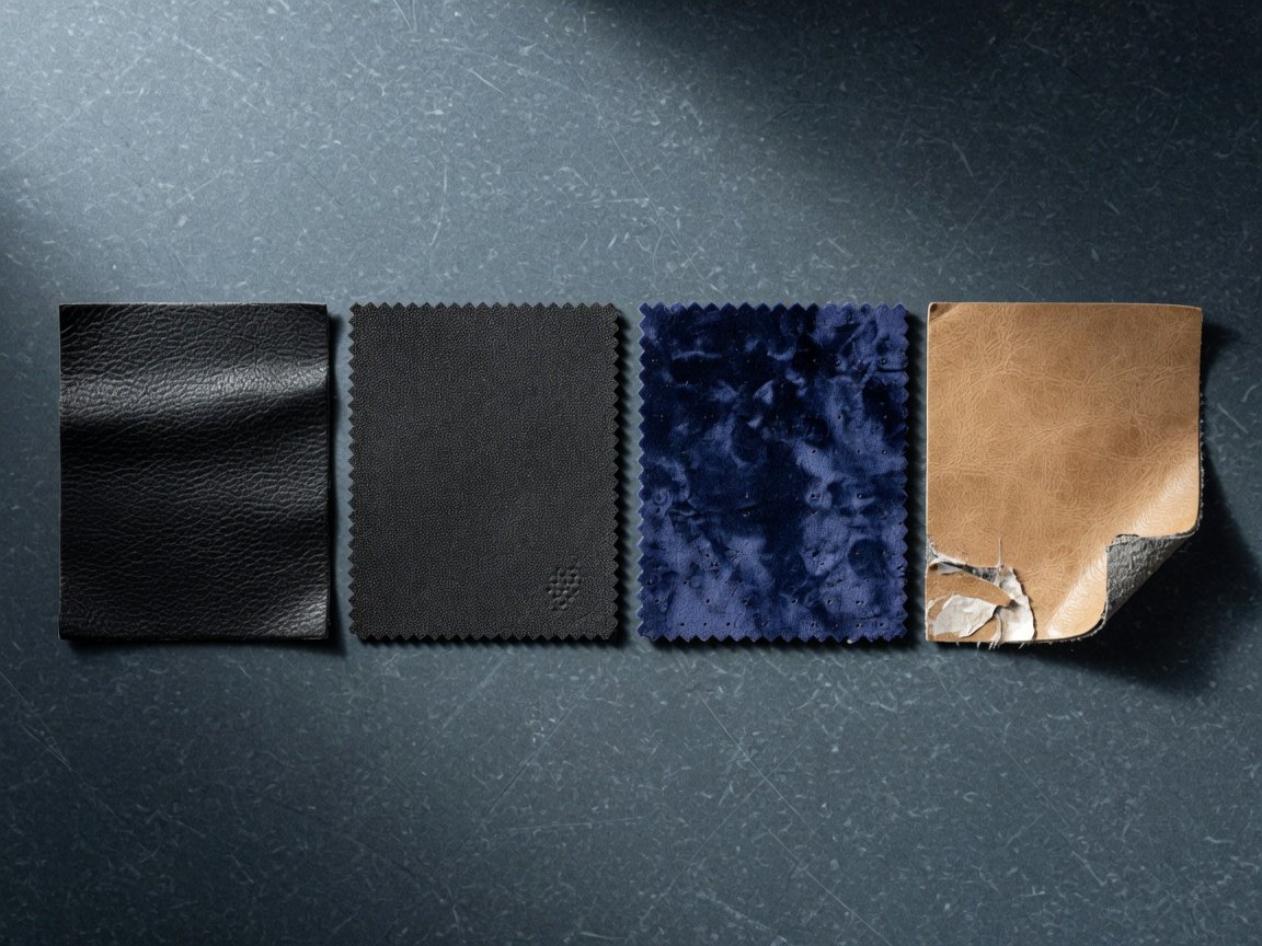 Side-by-side comparison of home theater seating upholstery options leather vs acoustic velvet material swatches NRC testing