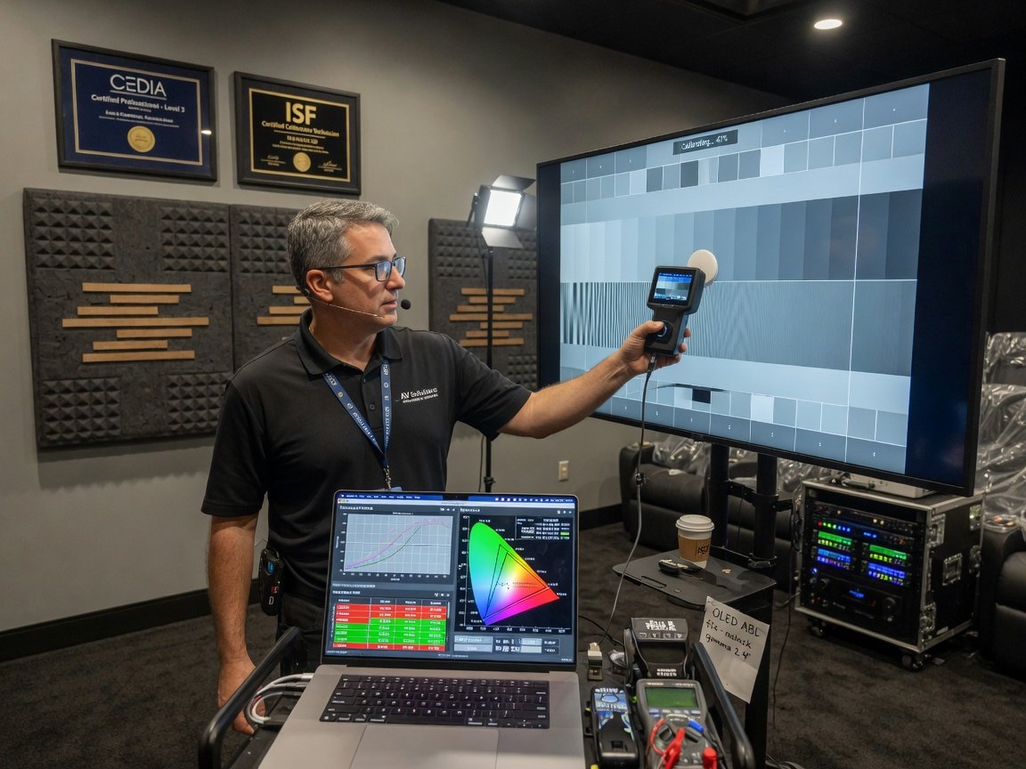 AV specialist technician holding ISF certification credentials next to calibrated home theater display