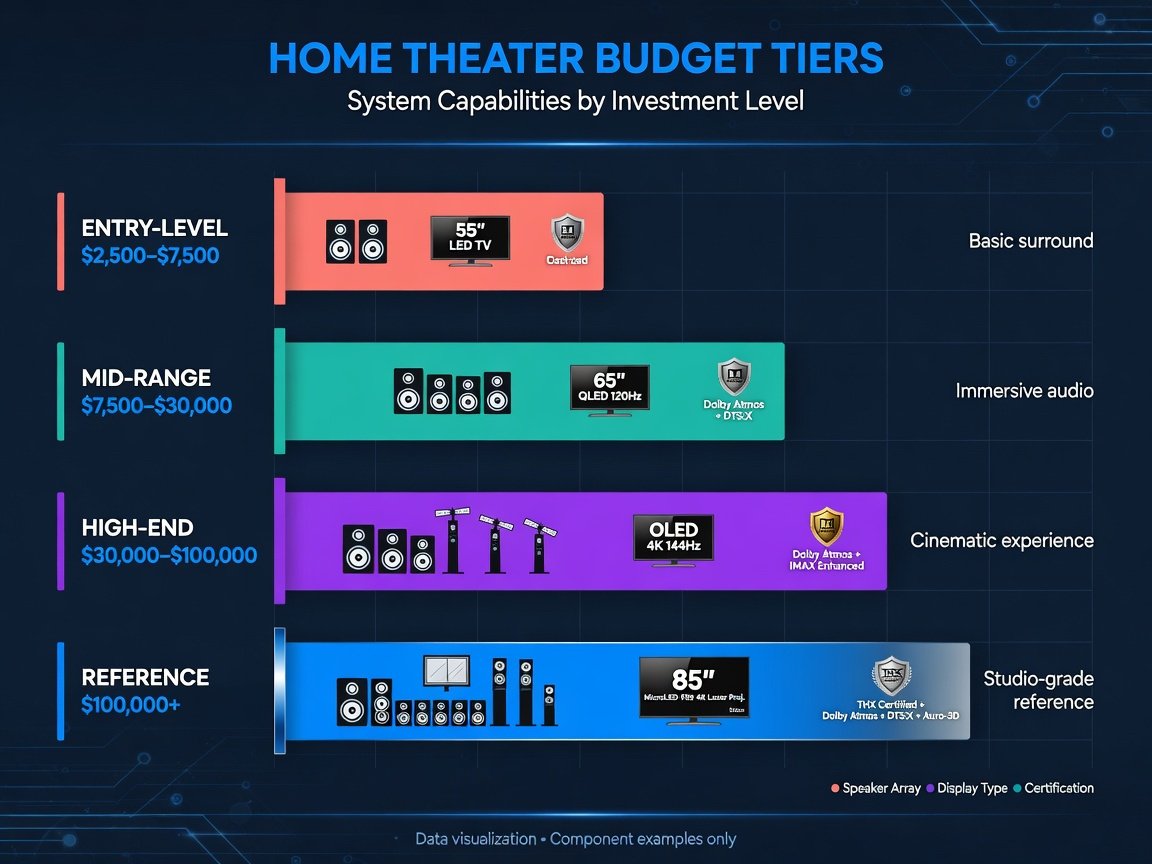 Home theater budget comparison chart showing entry mid-range high-end and reference tier system costs for 2026