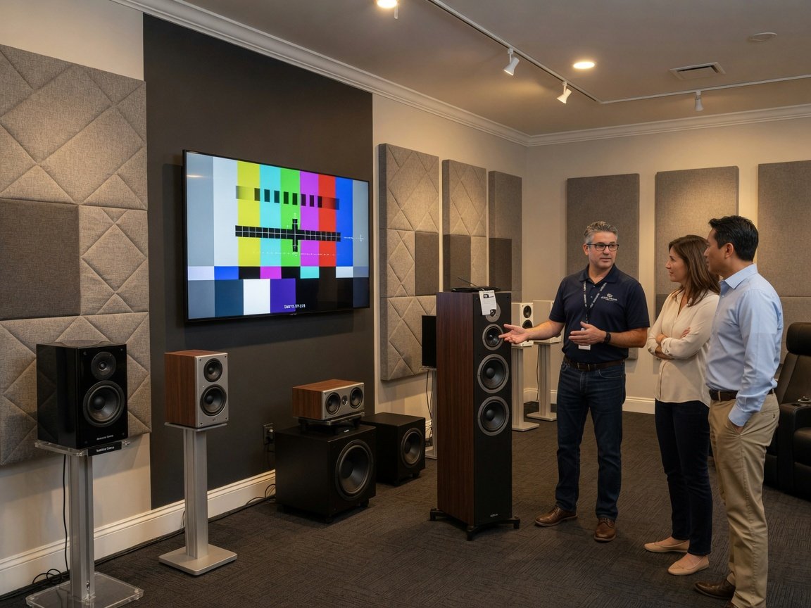AV specialist demonstrating home theater speakers to customer in acoustically treated demo room at specialty store