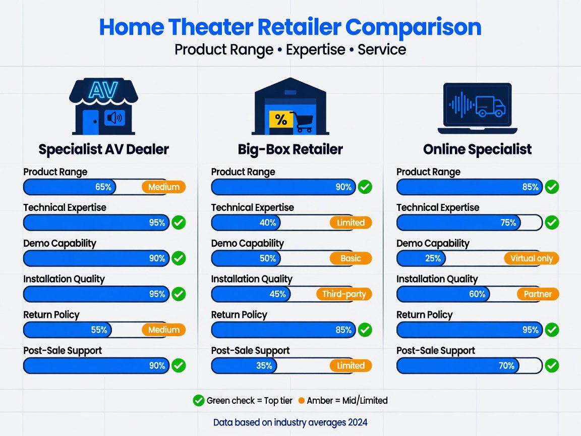 Flat-design comparison infographic showing home theater store types — specialist dealer vs big-box vs online — with feature ratings