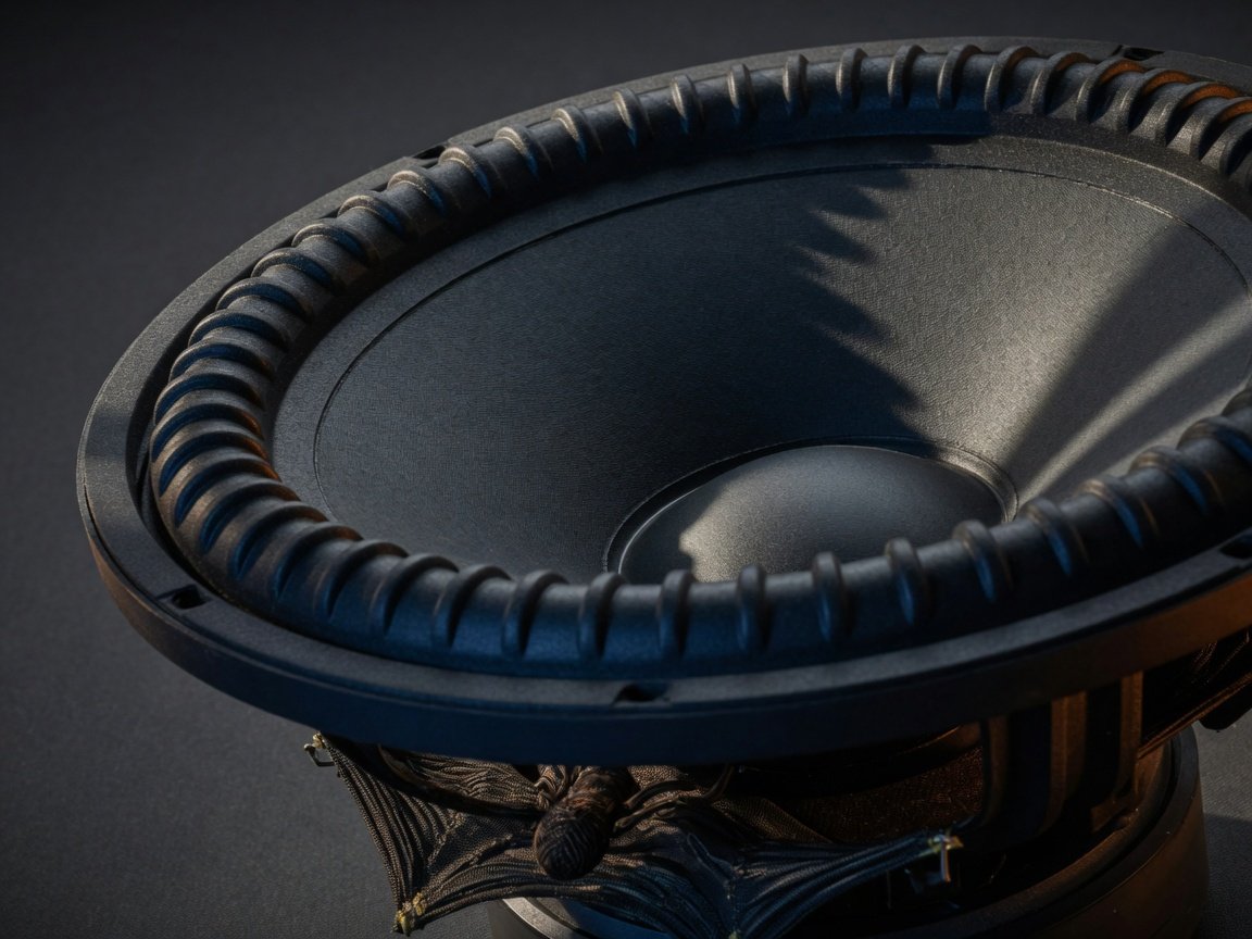 Close-up of a home theater subwoofer driver showing long-throw cone, surround, and voice coil detail
