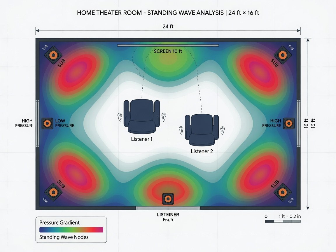 Home theater room diagram showing subwoofer placement positions and bass pressure zone map for optimal response