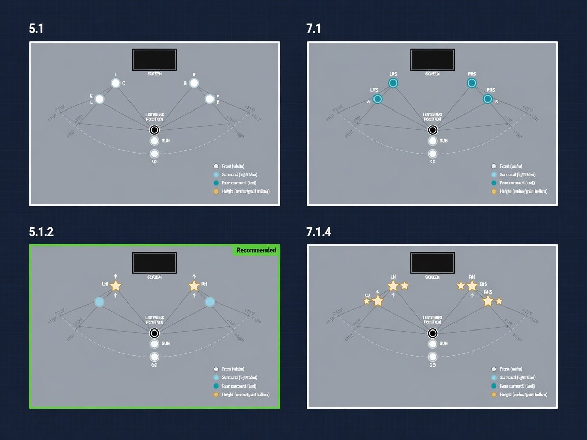 Surround sound configuration diagram comparing 5.1, 7.1, 5.1.2, and 7.1.4 speaker layout plans for home theater