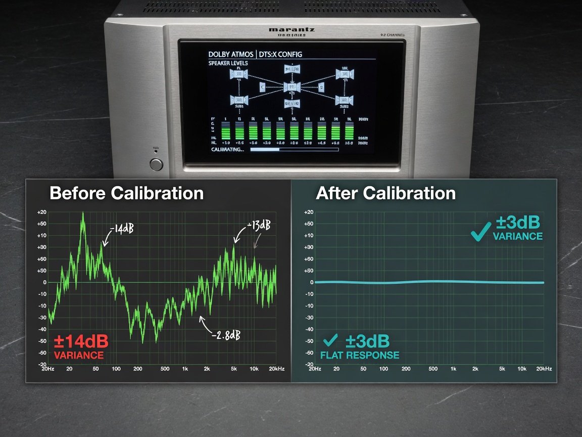 AV receiver calibration display showing Dolby Atmos setup screen and before-and-after frequency response measurement comparison