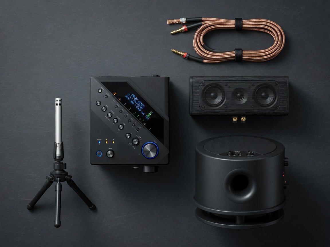 AV receiver home theater system components flat lay — receiver, center speaker, subwoofer, and calibration microphone on dark surface