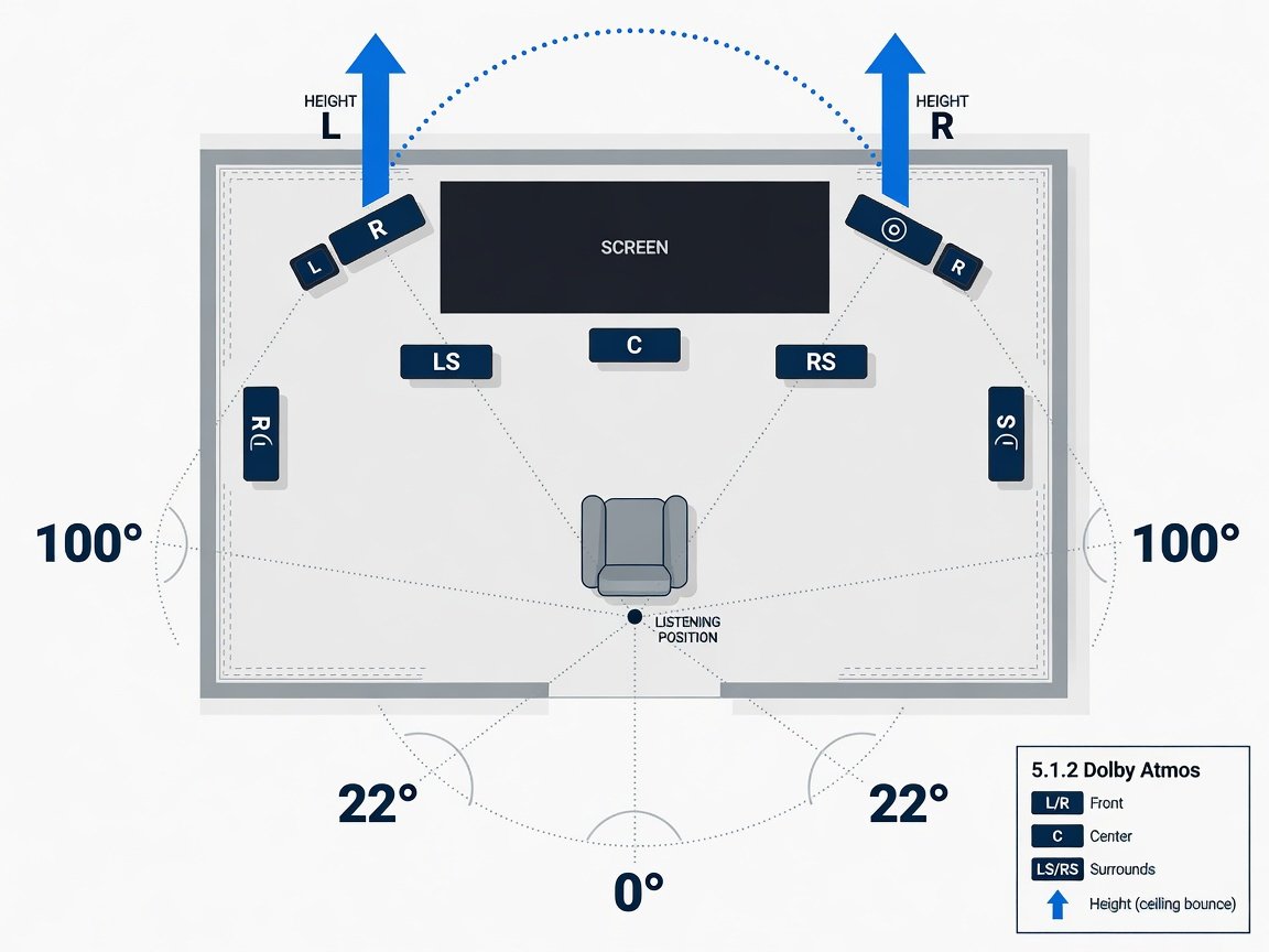 Dolby Atmos 5.1.2 home theater speaker placement diagram showing optimal speaker angles and listening position layout for 2026